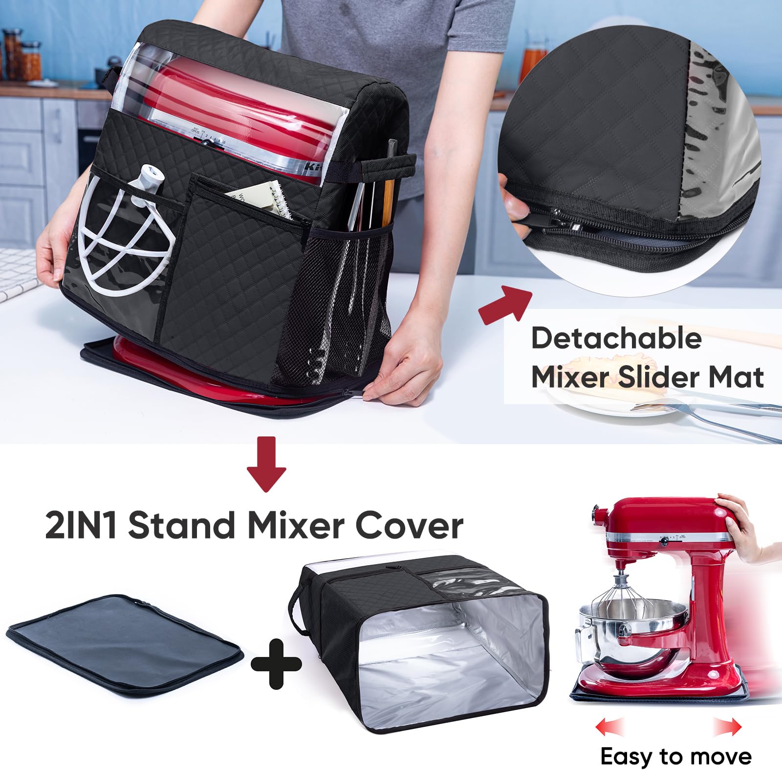 BAGSPRITE detachable slider bottom demonstrates easy movement of a KitchenAid mixer.