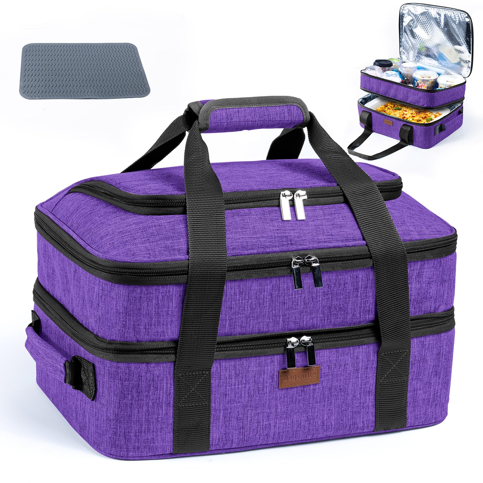 BAGSPRITE expandable top layer keeps casseroles organized for easy transport.