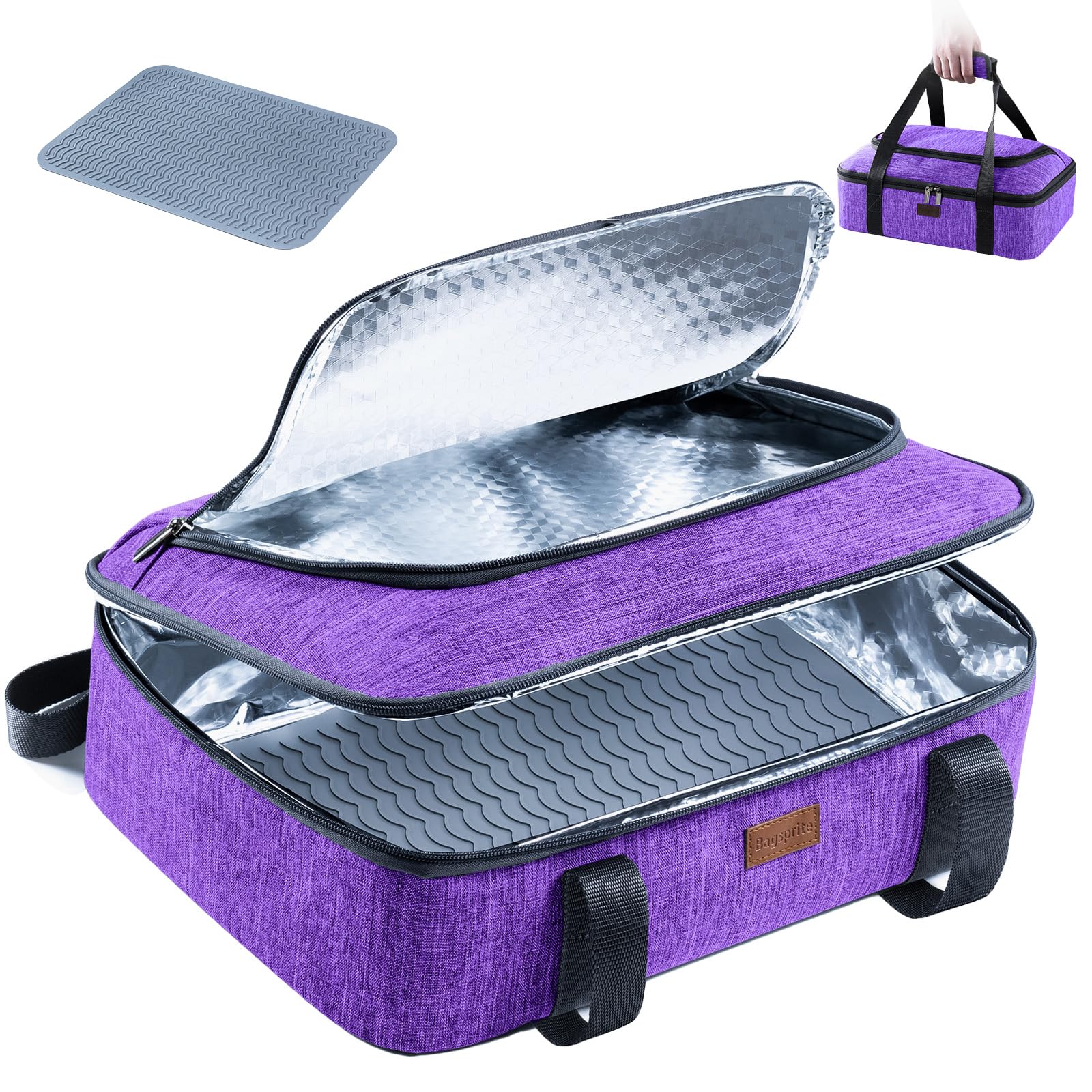 BAGSPRITE insulated casserole carrier with heat-resistant mat for safe hot-dish transport.