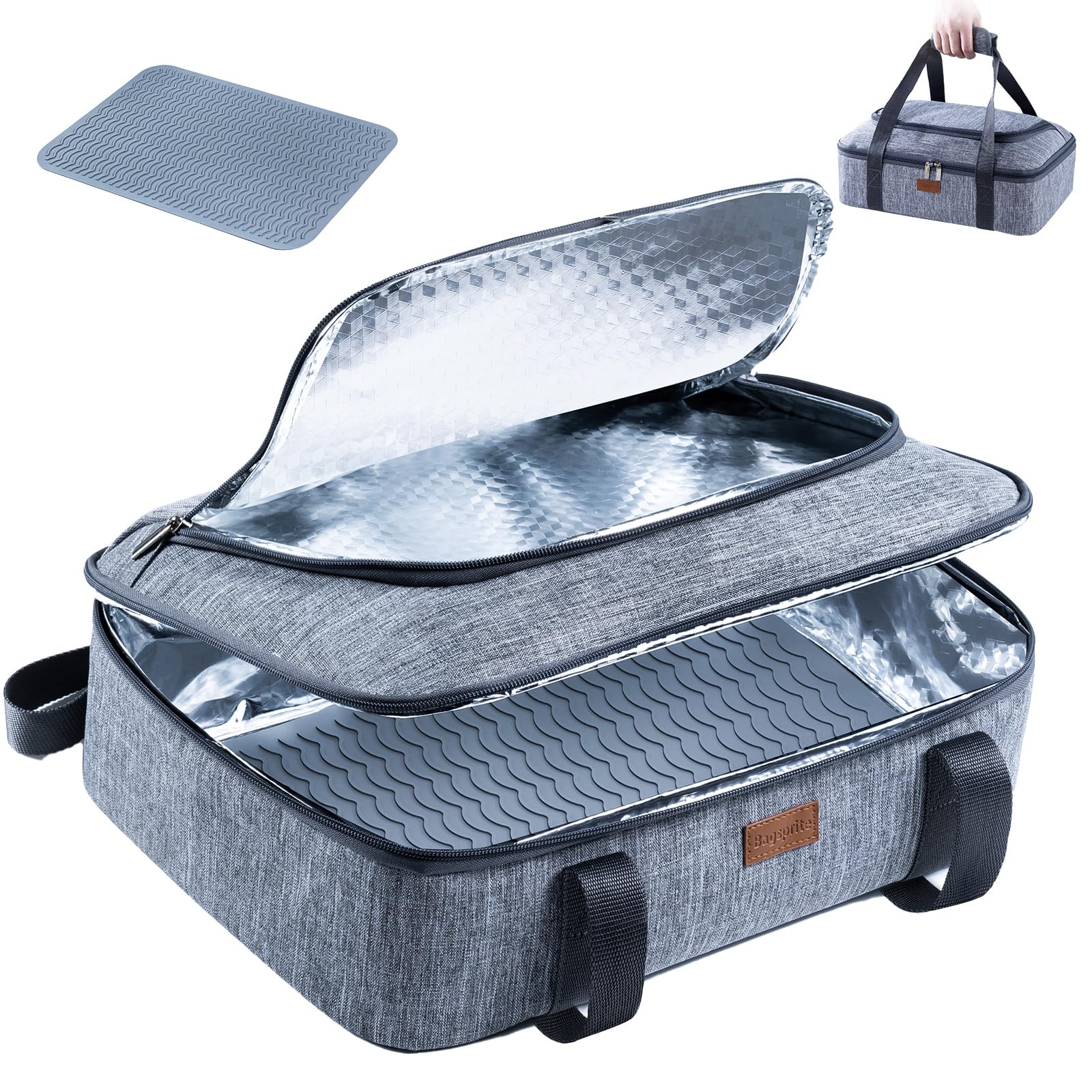 BAGSPRITE insulated casserole carrier with heat-resistant mat for safe counter use