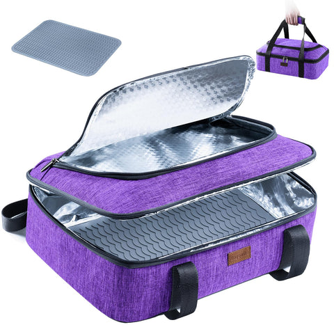 BAGSPRITE insulated casserole carrier with heat-resistant mat for safe hot-dish transport.