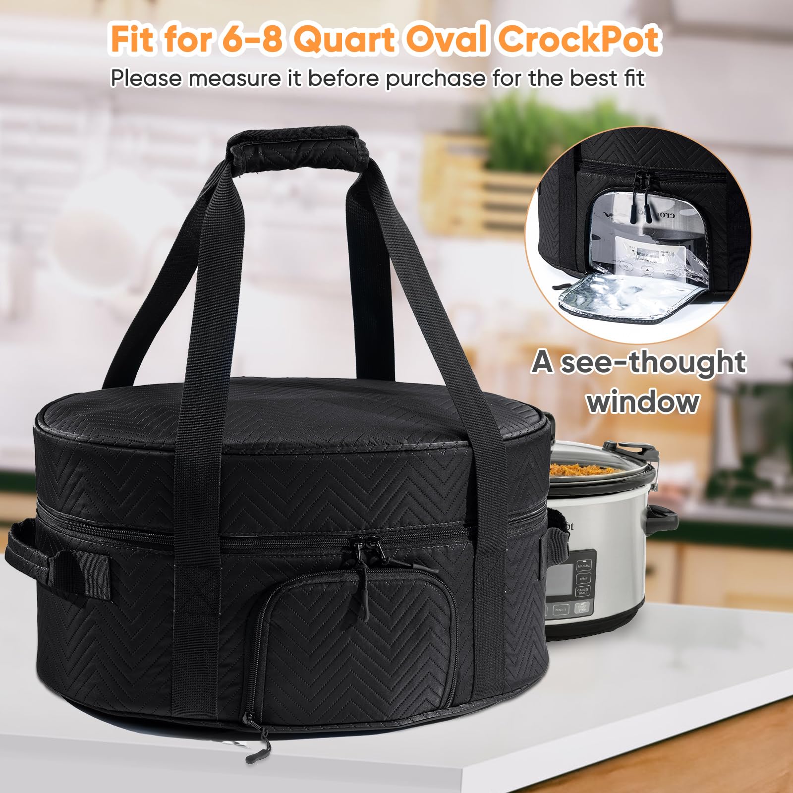 BAGSPRITE slow cooker bag with adjustable band secures a 6-8 qt pot while traveling.