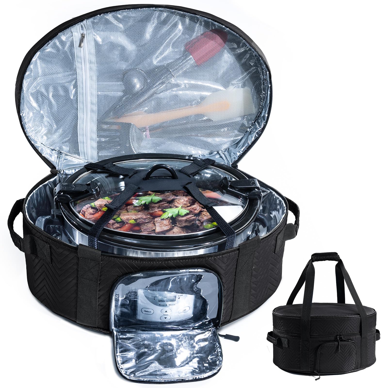 BAGSPRITE insulated slow cooker bag with see-through window keeps temps visible during transport.