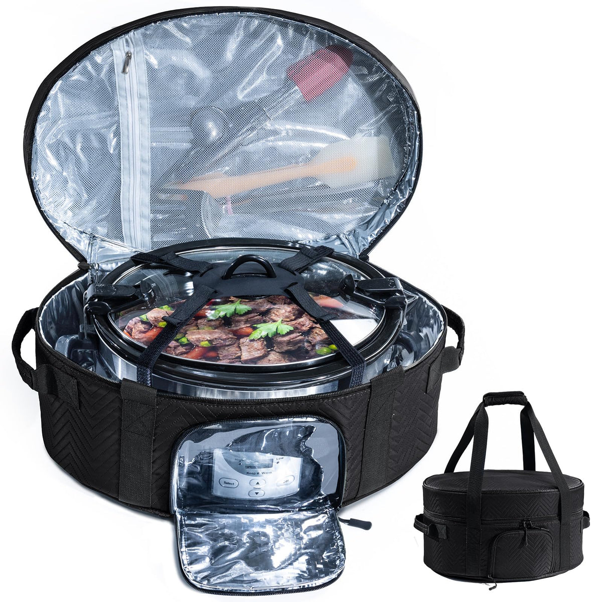 BAGSPRITE insulated slow cooker bag with see-through window keeps temps visible during transport.