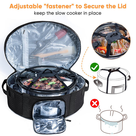 BAGSPRITE slow cooker bag offers spacious storage for utensils and cookbooks.