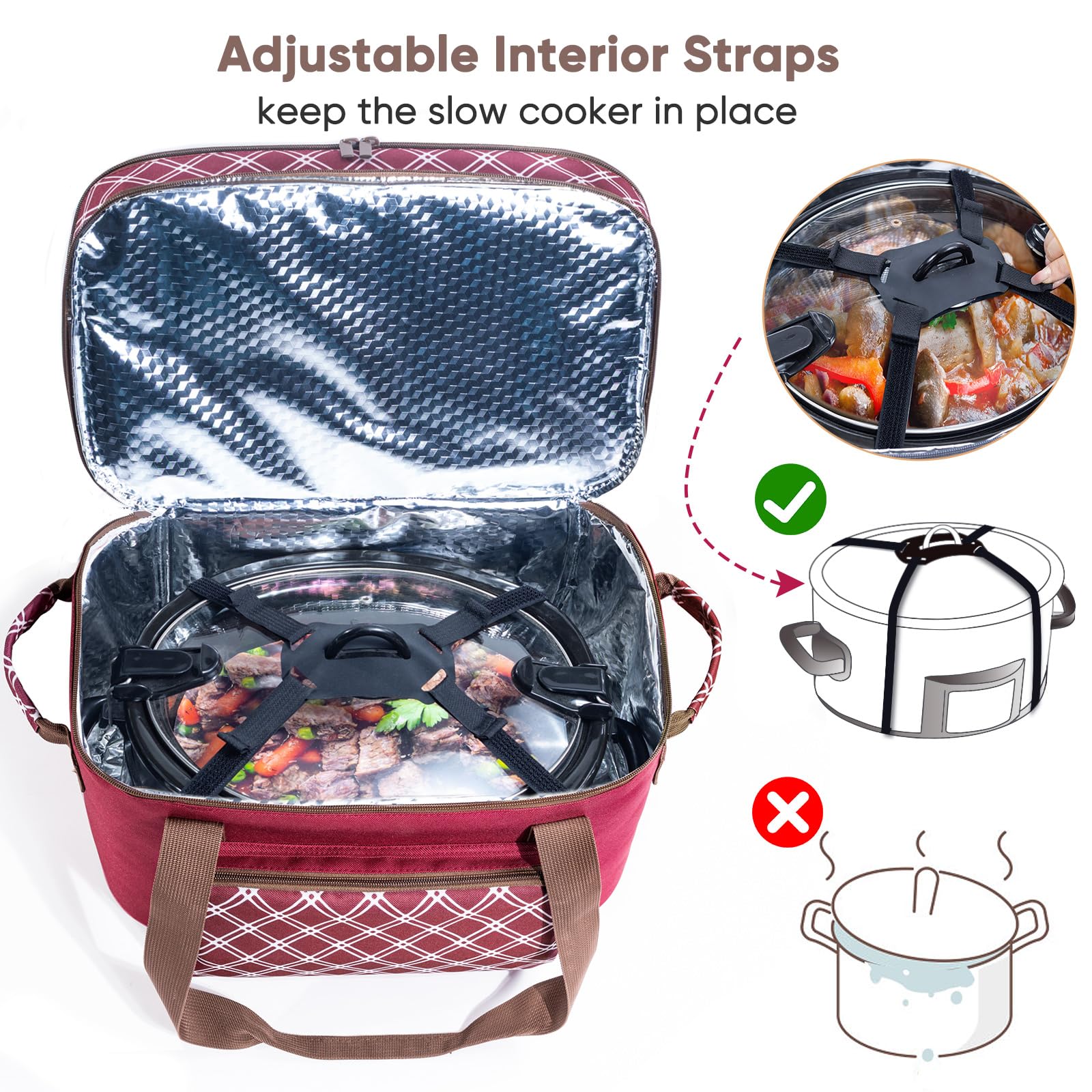 BAGSPRITE top-opening design eases loading of a hot crock pot.