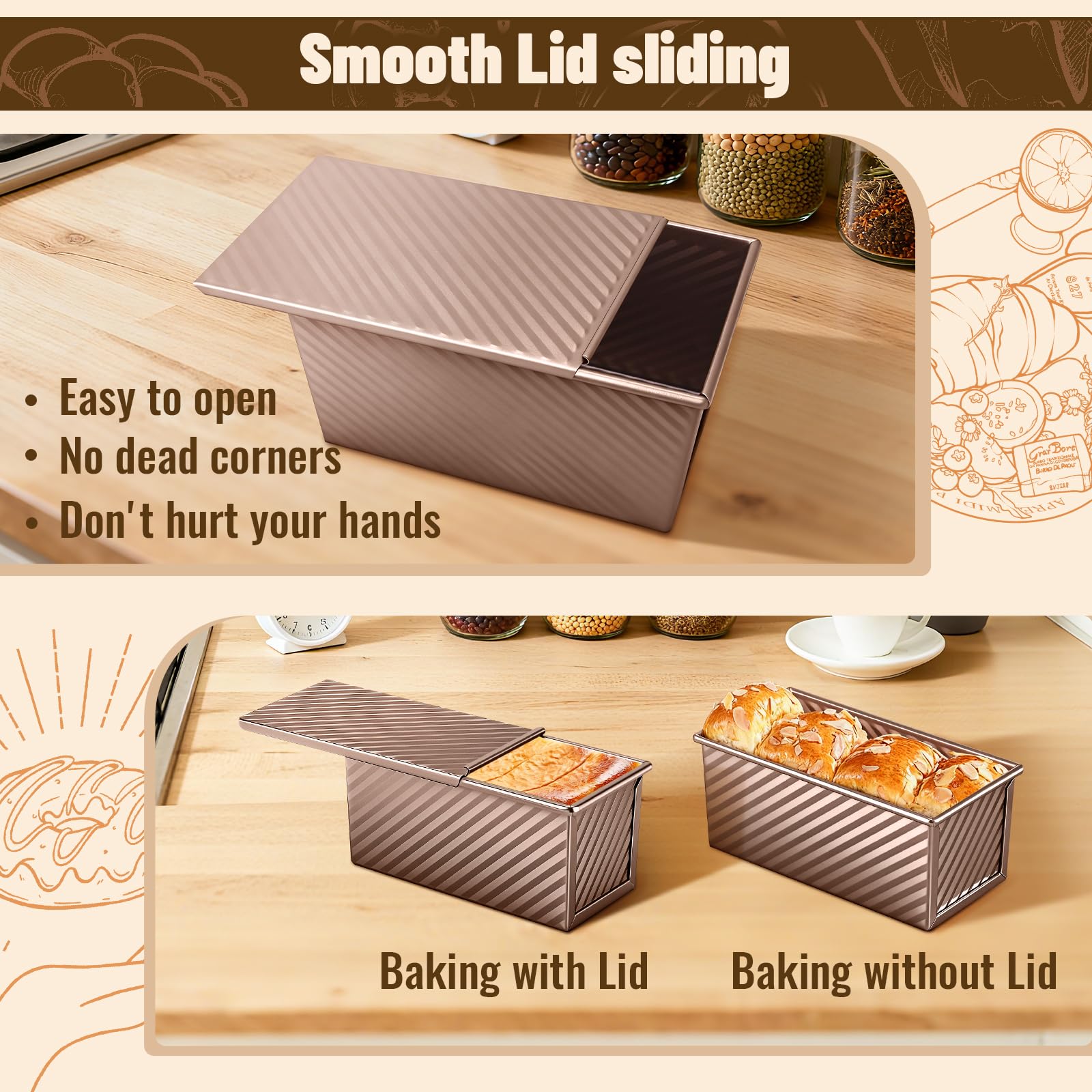 BAISHUN Pullman loaf pan 2.2lb with lid for family-size sourdough and easy slicing.