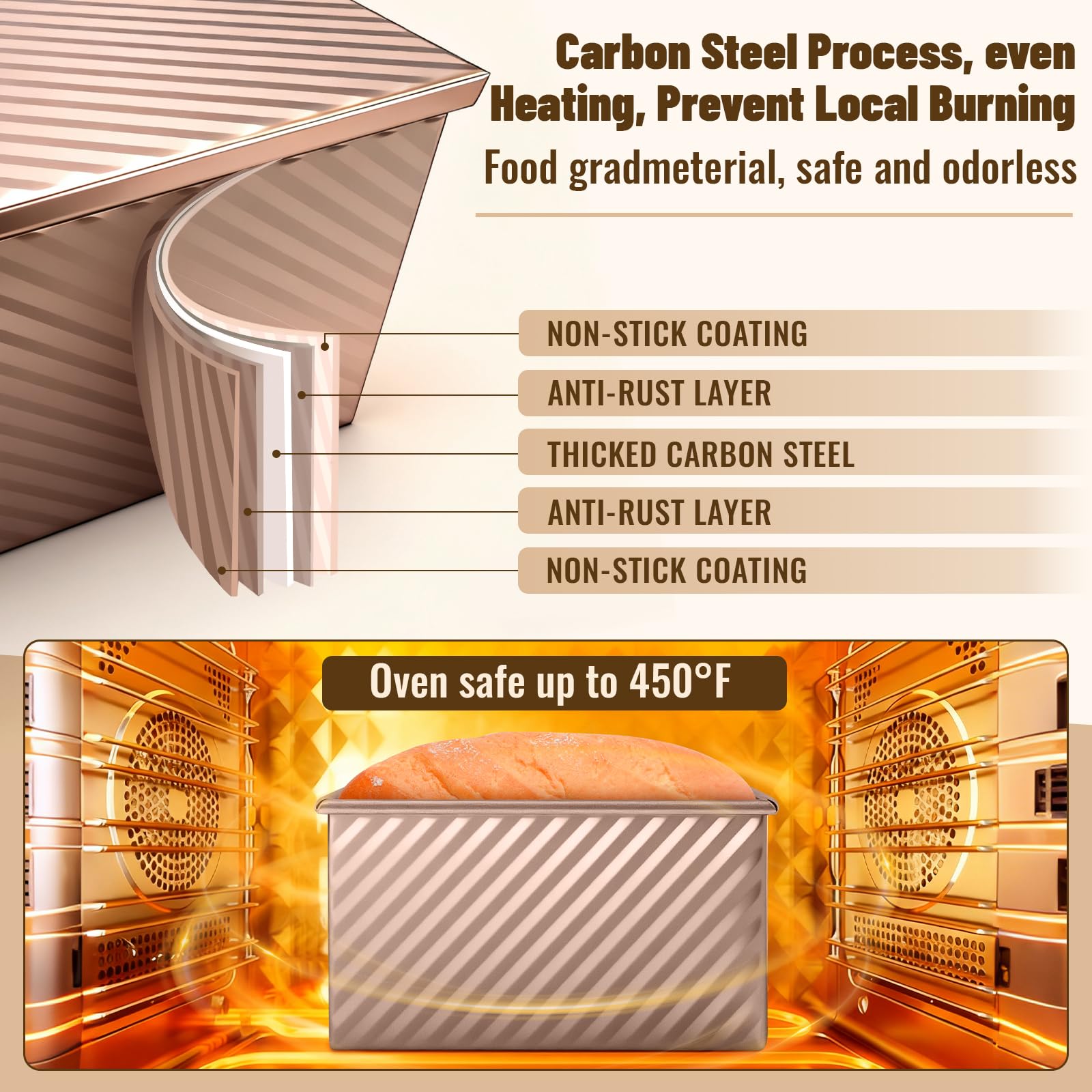 BAISHUN Pullman loaf pan in oven demonstrating non-stick release and even heat.