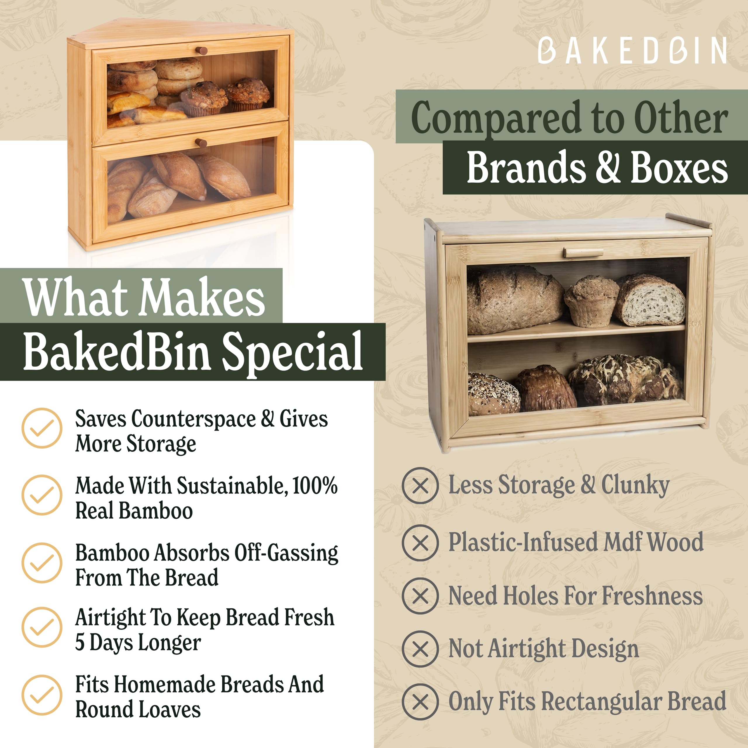 BakedBin bamboo wood construction emphasizes natural material and freshness preservation