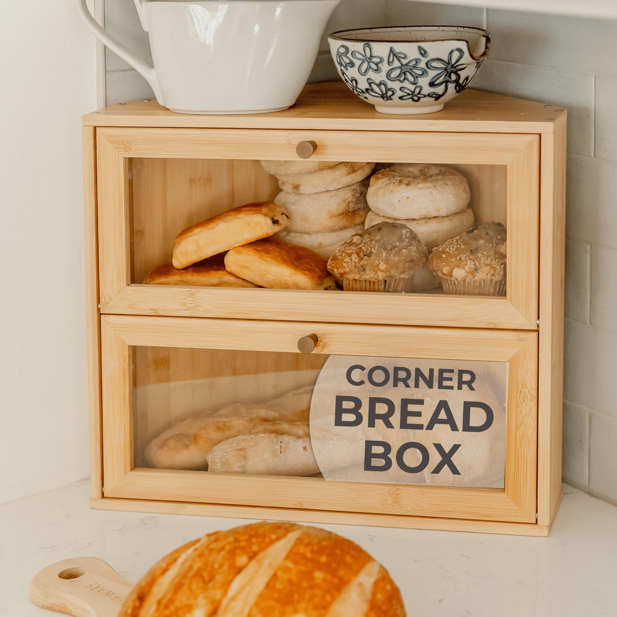 BakedBin corner bread box front view showcases space-saving countertop storage