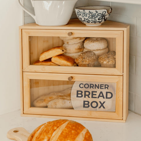 BakedBin corner bread box front view showcases space-saving countertop storage