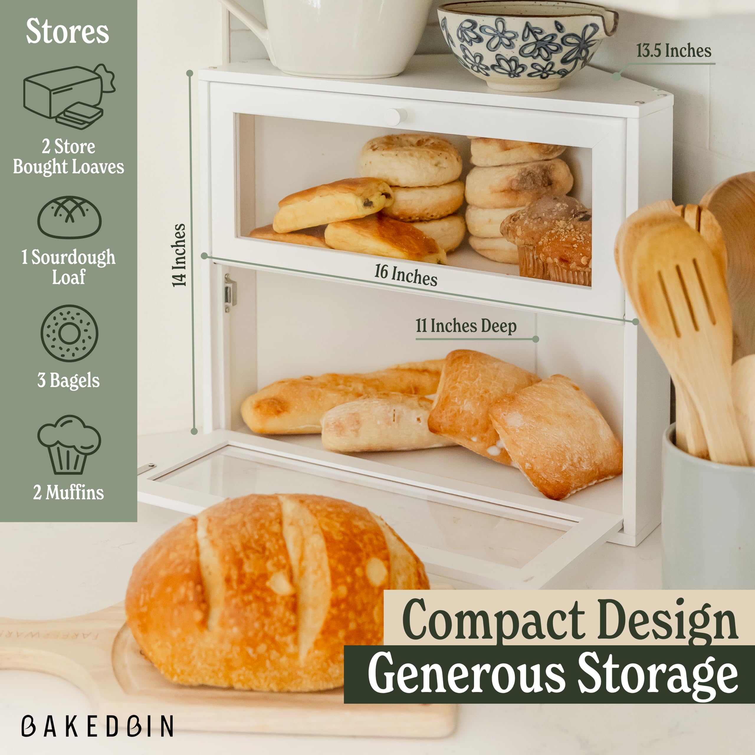 BakedBin corner bread box lid open for easy access to shelves