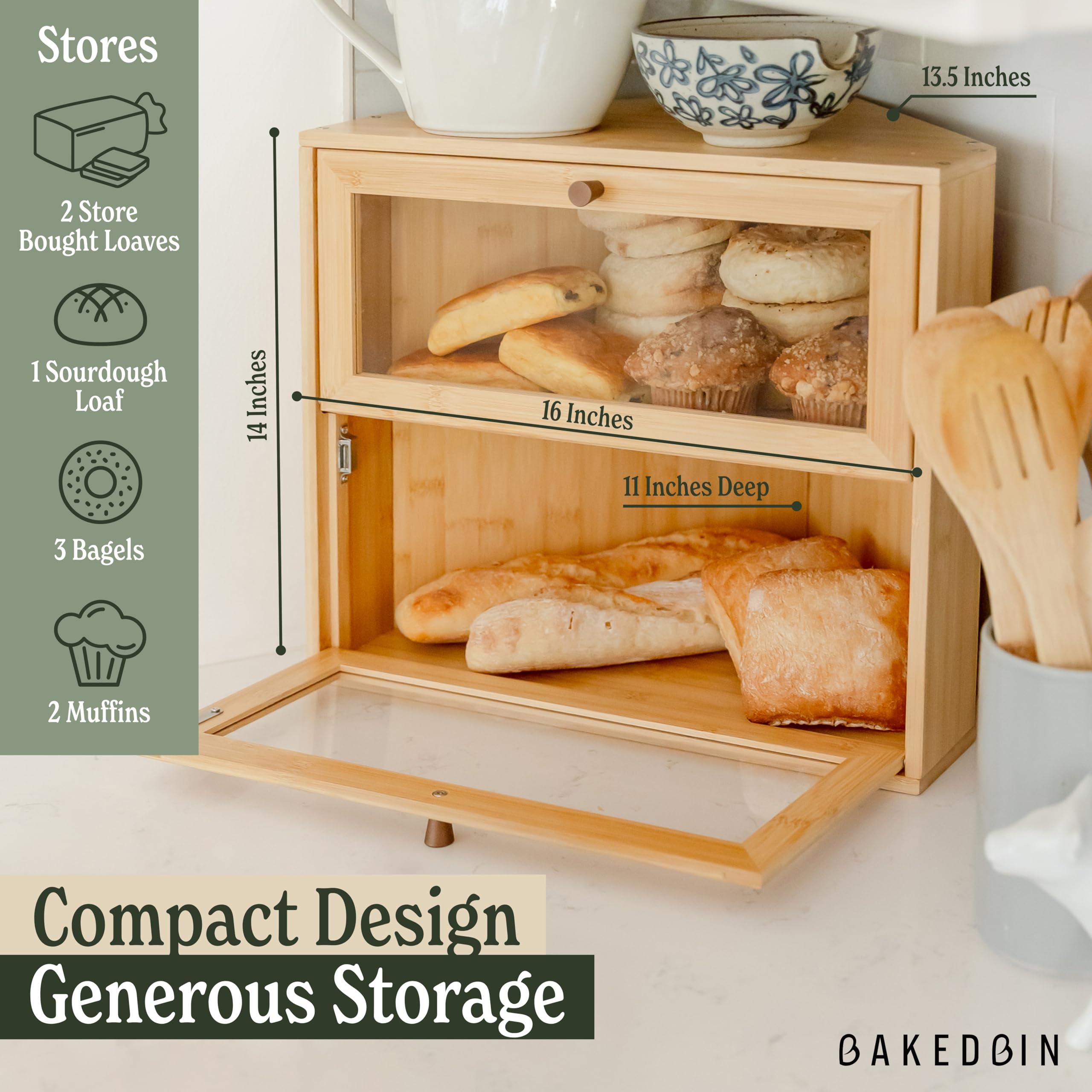 BakedBin corner bread box with open compartments demonstrates double-layer storage