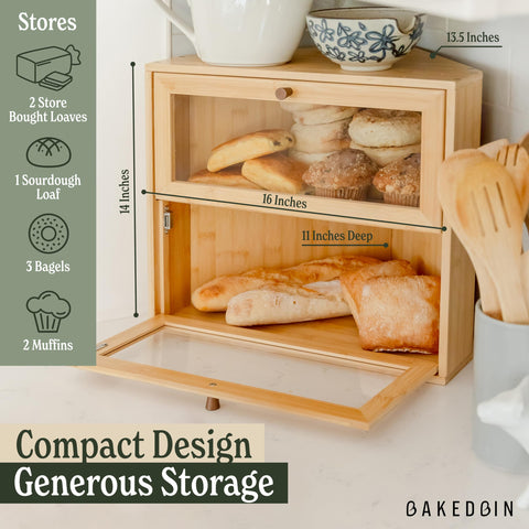 BakedBin corner bread box with open compartments demonstrates double-layer storage