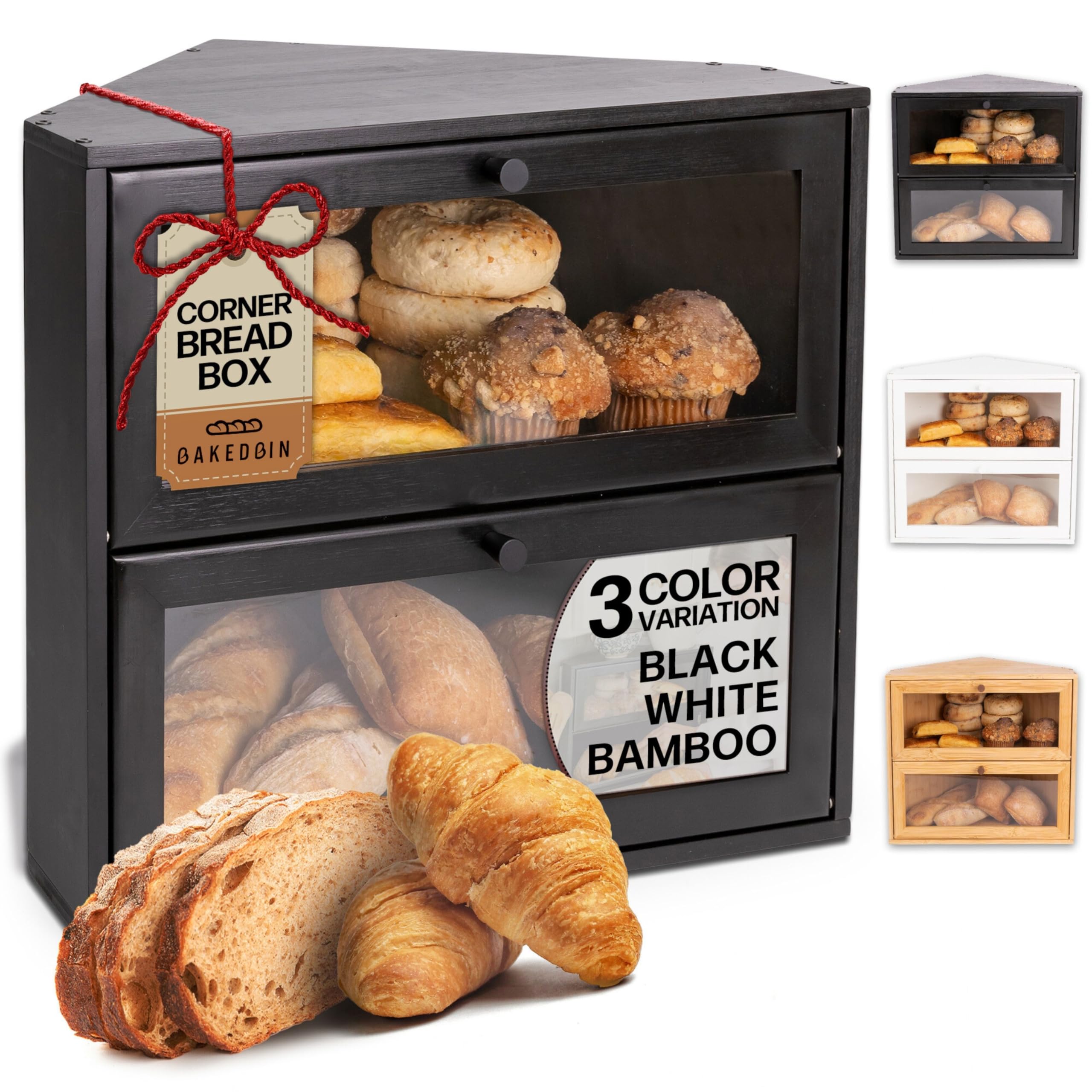 BakedBin corner bread box open with dual compartments keeps loaves organized.