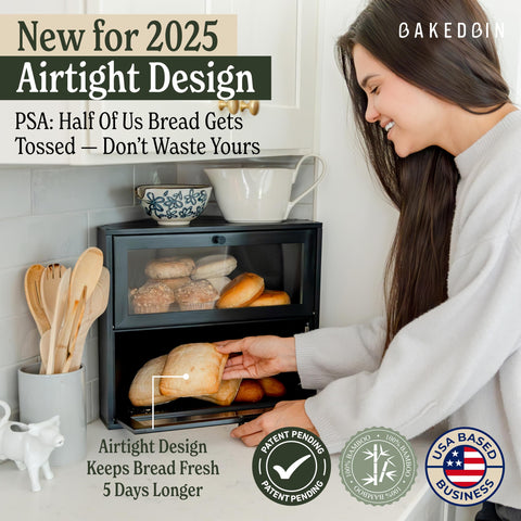 BakedBin double-layer storage with separate openings helps keep bread varieties distinct.