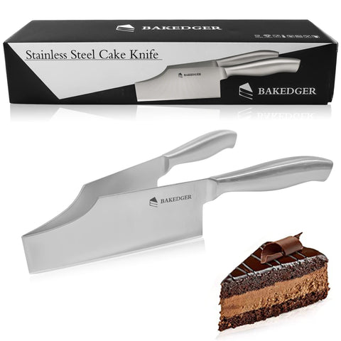Bakedger cake knife slicer patent pending in action delivering clean, even cake slices.