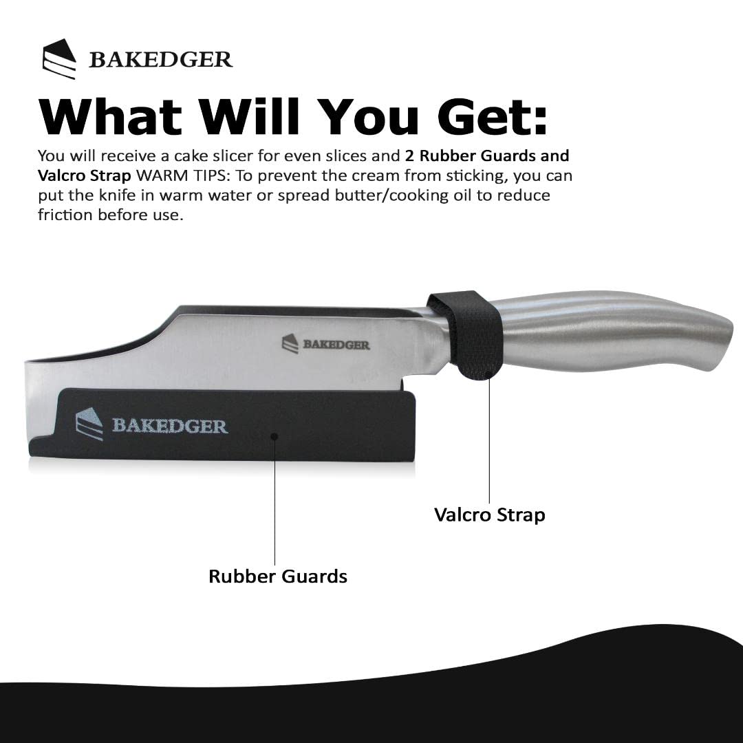 Bakedger cake knife glides through cake, keeping slices upright for serving.