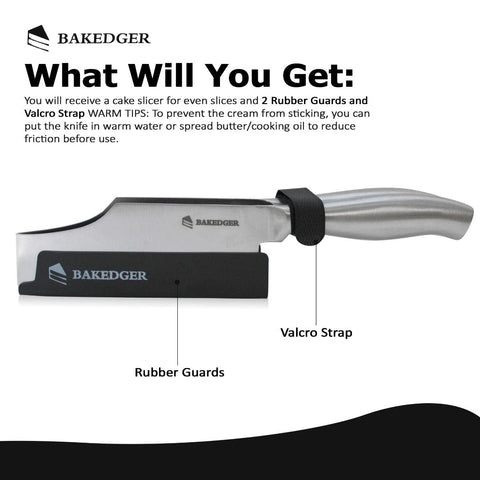 Bakedger cake knife glides through cake, keeping slices upright for serving.
