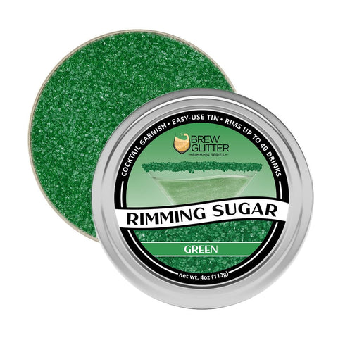 Pouring Bakell Brew Glitter sugar onto a rim for festive sparkle.
