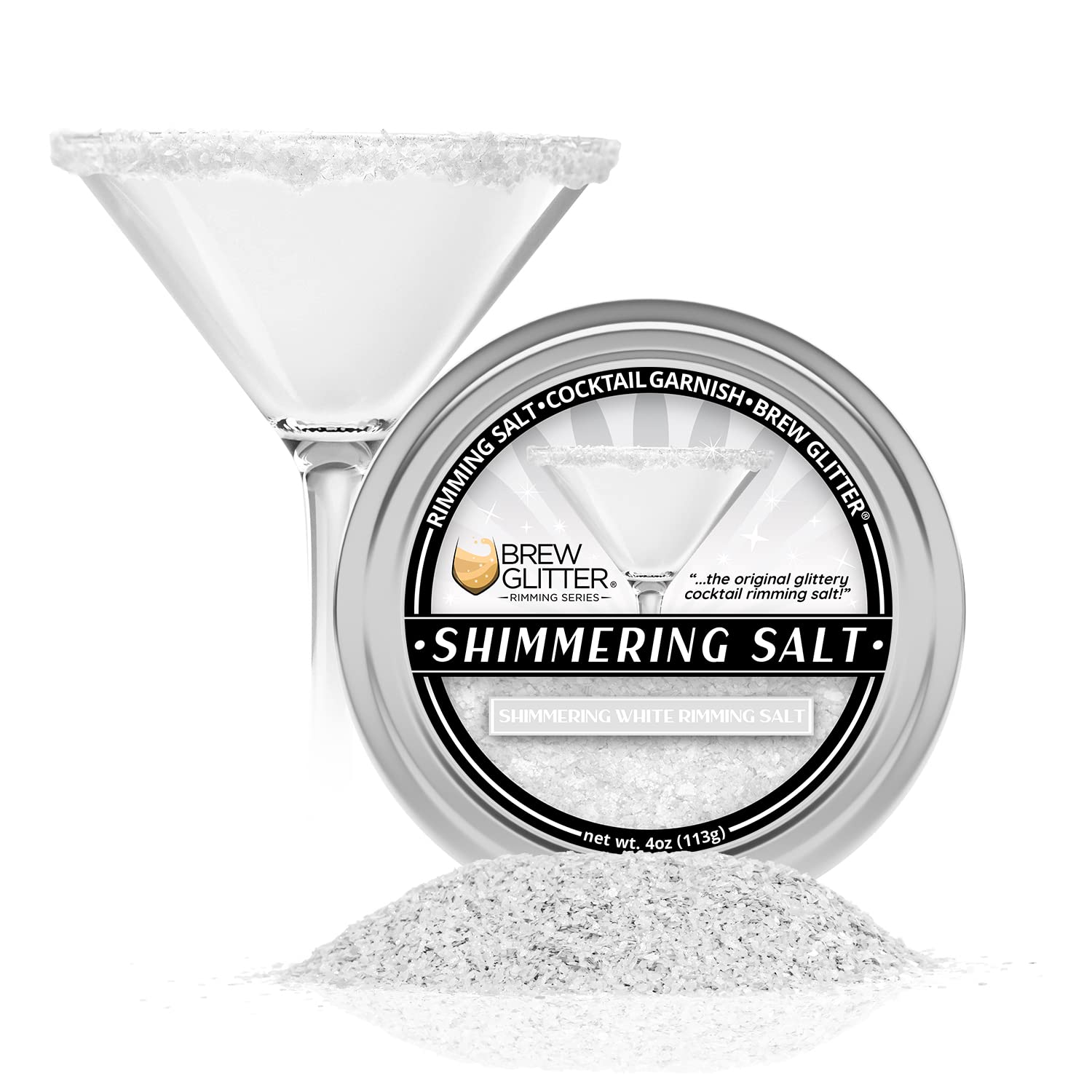 Bakell Brew Glitter bar tin with white rimming salt adds sparkling rims to cocktails.