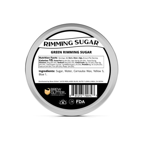Gift-ready Bakell Brew Glitter green rimming sugar packaging and tin.