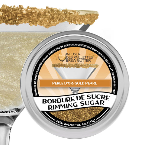 Bakell Brew Glitter Gold Rimming Sugar in bar tin ready for seamless cocktail garnishes.
