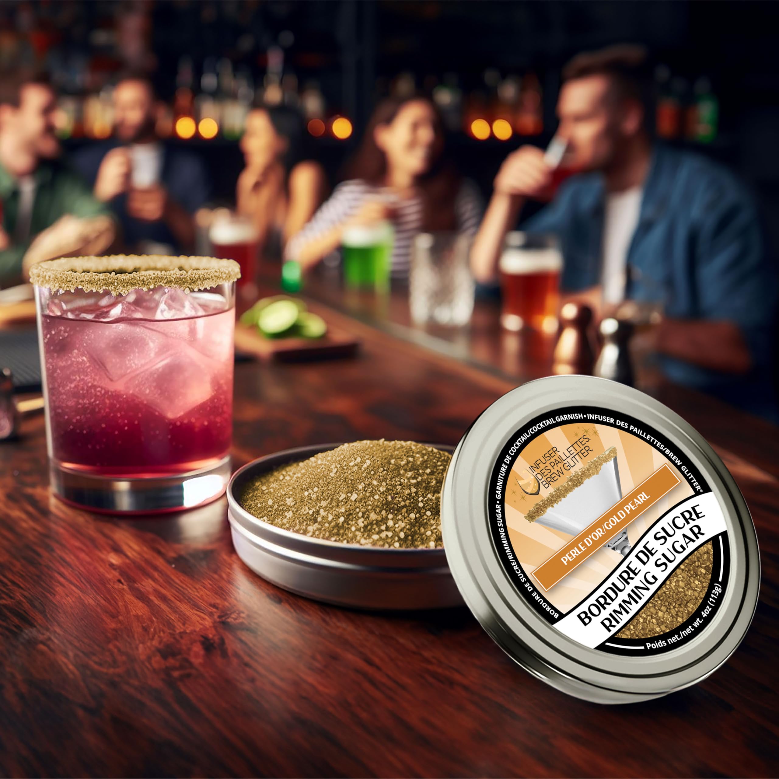 Closeup of Bakell Brew Glitter Gold Rimming Sugar with sparkling rim detail.