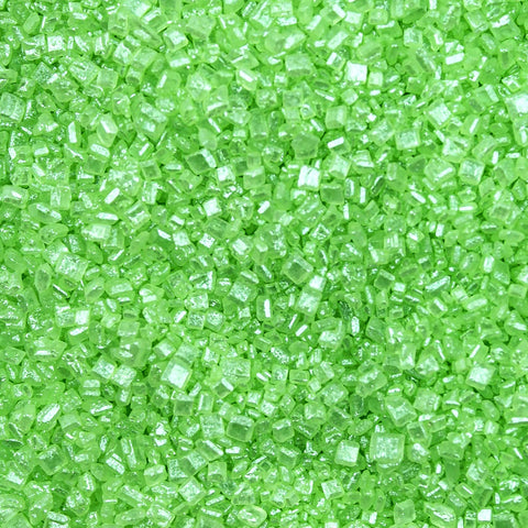 Close-up of Bakell Brew Glitter green sugar crystals for vibrant rims.