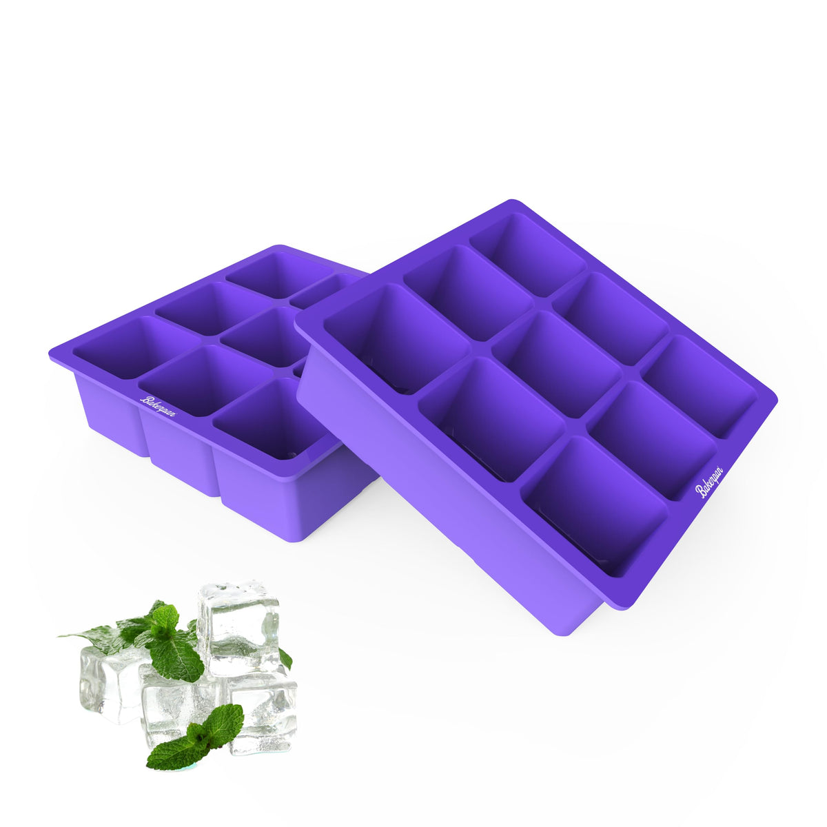 Bakerpan silicone ice cube tray shown with 1.5-inch cubes for smooth cocktails