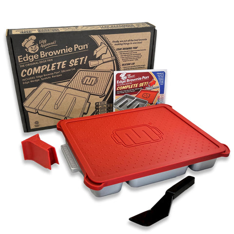 Baker's Edge brownie pan complete set with lid and wedge for fresh, evenly baked batches.