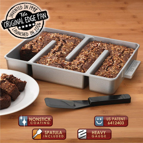 Baker's Edge original brownie pan cut slices detail highlights even bake across pieces.