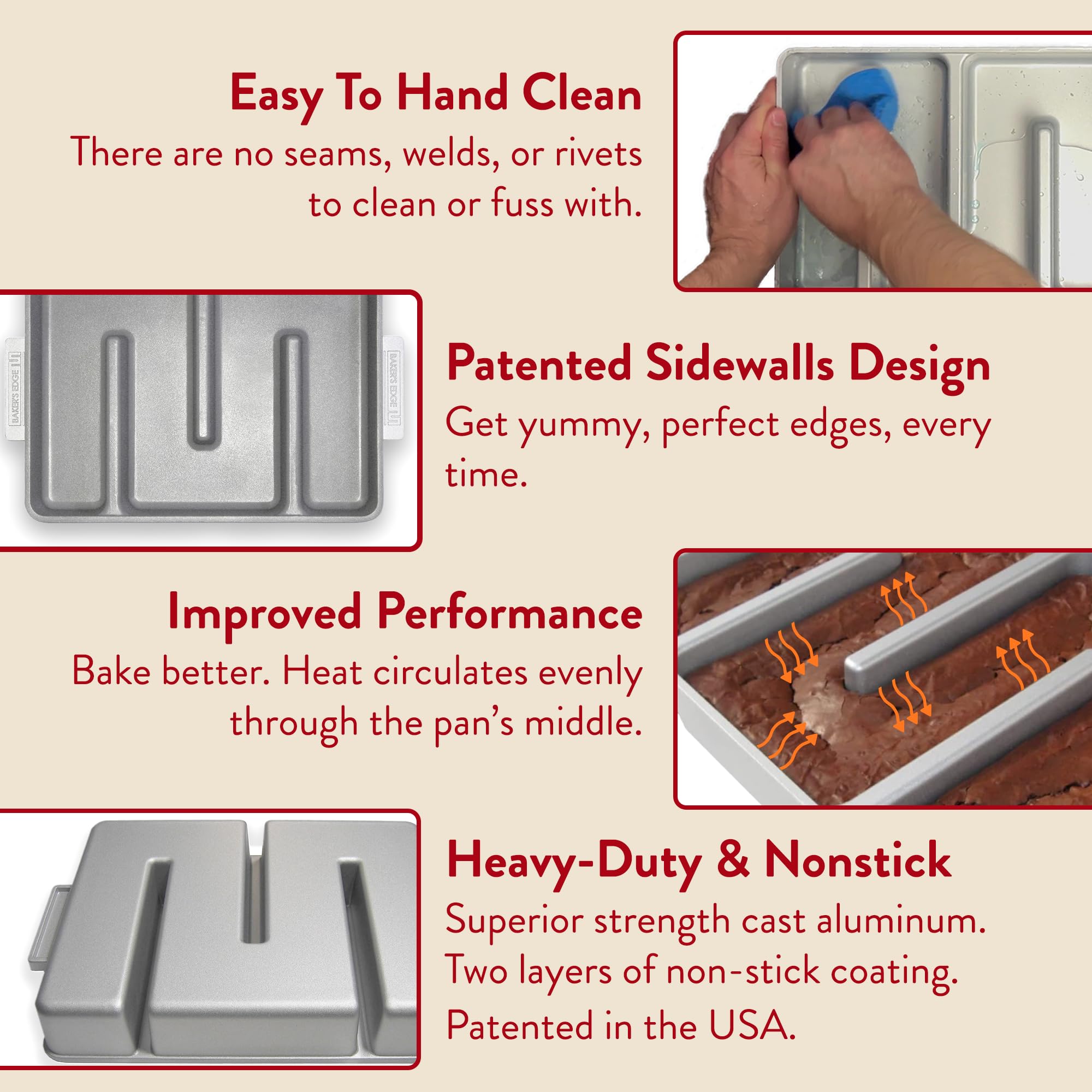 Baker's Edge cast aluminum body highlights durable, even heat distribution.