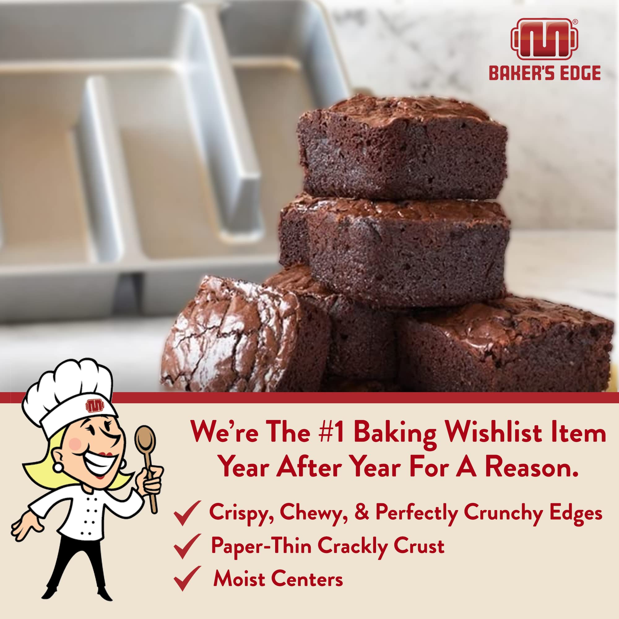 Baker's Edge pan edges closeup emphasizes chewy, evenly baked brownie edges.