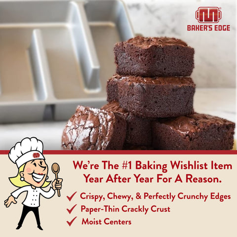 Baker's Edge pan edges closeup emphasizes chewy, evenly baked brownie edges.