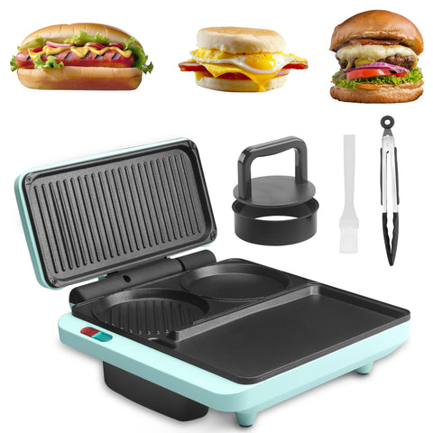 Baker's Friend 3-in-1 breakfast station with round and square plates for quick meals.