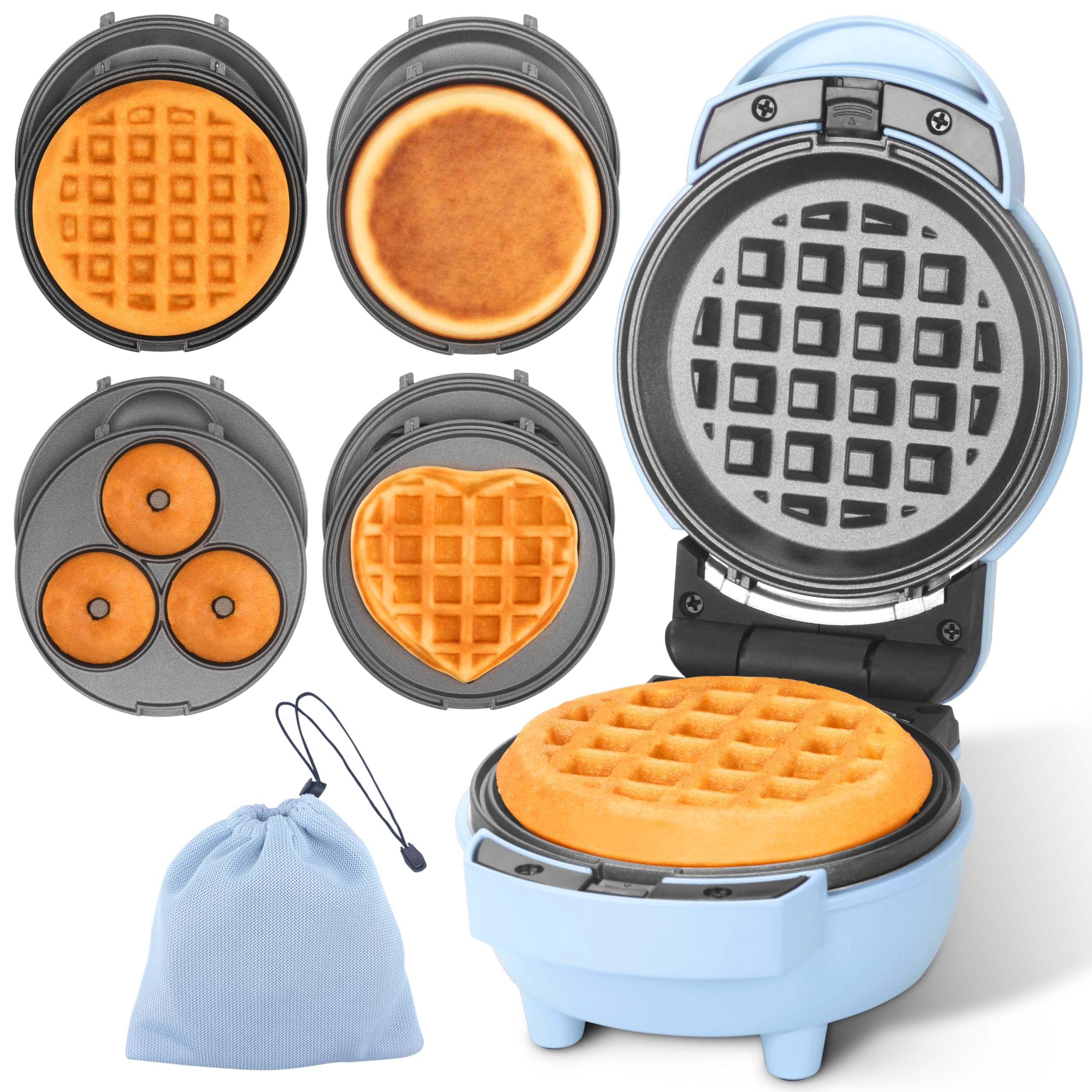 Baker's Friend 4-in-1 mini waffle maker with removable plates for easy cleaning.
