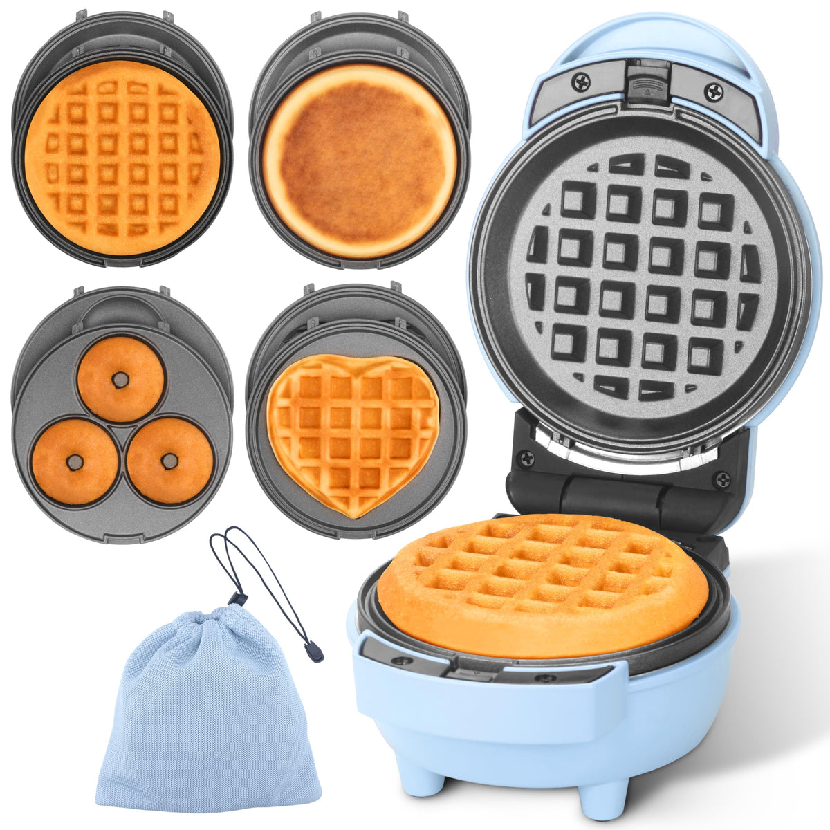 Baker's Friend 4-in-1 mini waffle maker with removable plates for easy cleaning.