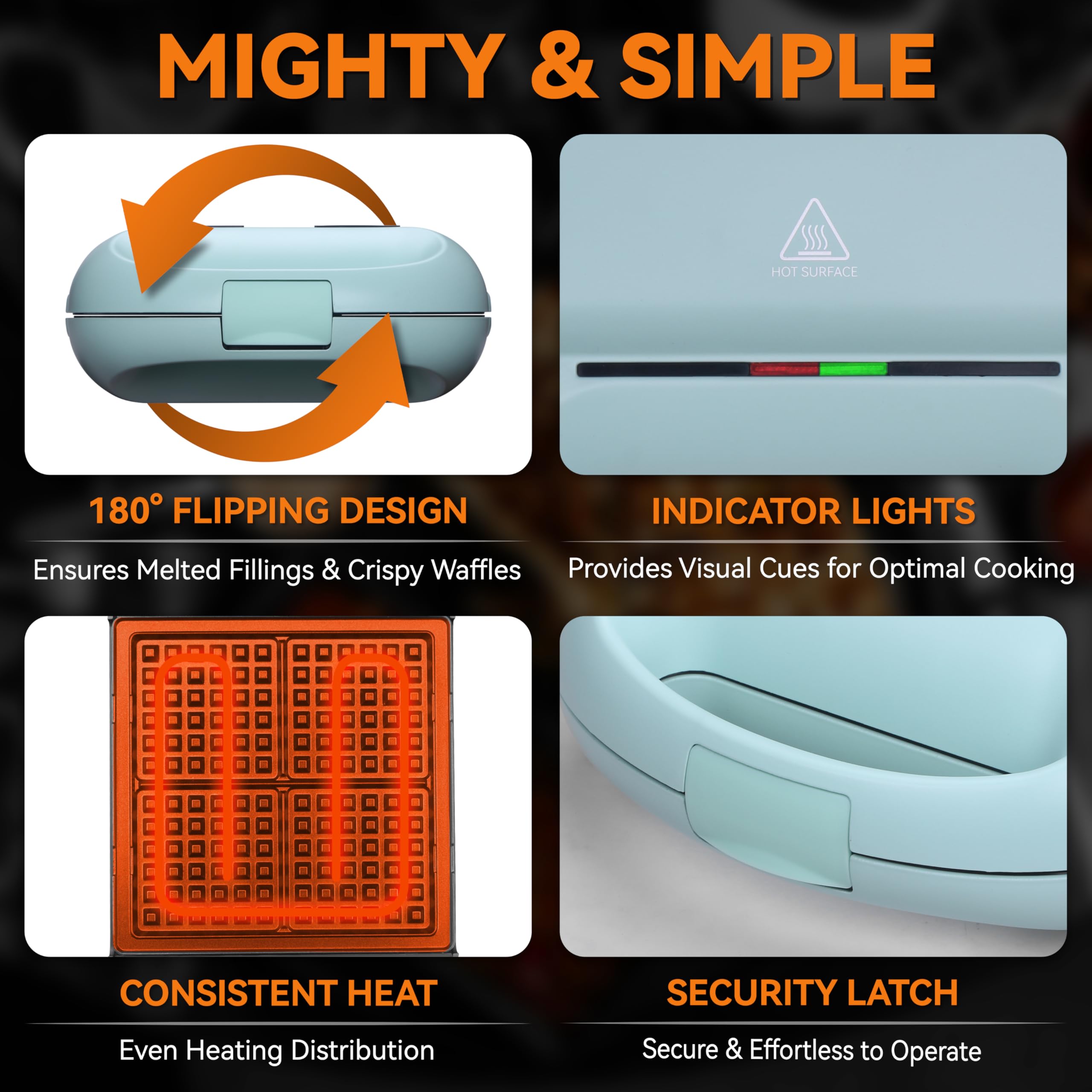 Baker's Friend 180-degree flip design promotes even browning across waffles