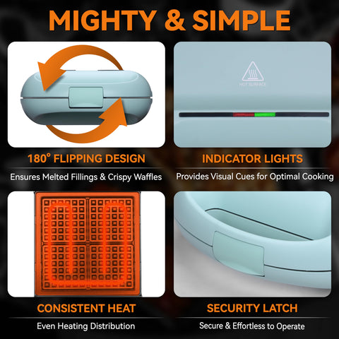 Baker's Friend 180-degree flip design promotes even browning across waffles