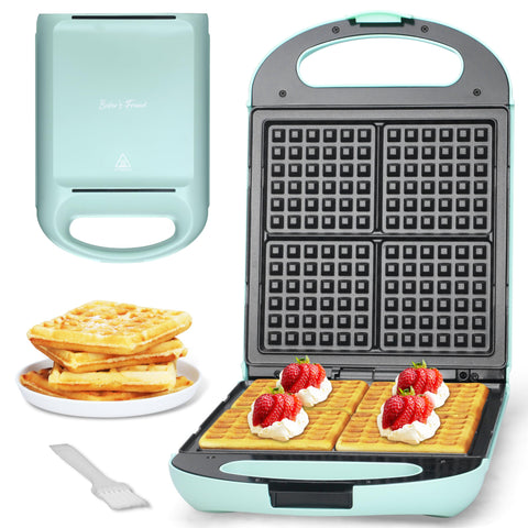 Baker's Friend Belgian waffle maker front view highlighting 4-slice capacity for family breakfasts