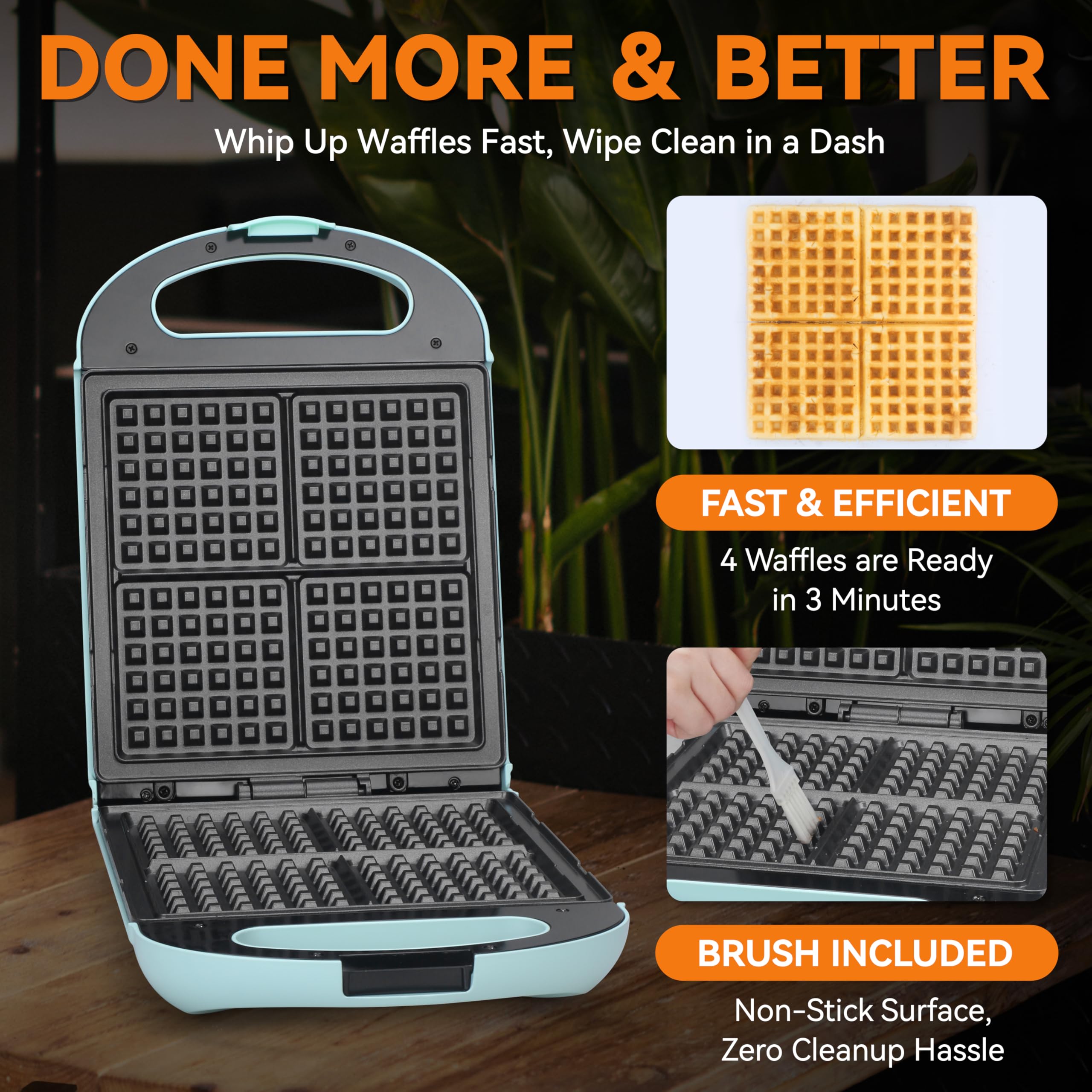 Baker's Friend Belgian waffle maker with nonstick coating for easy release and cleanup