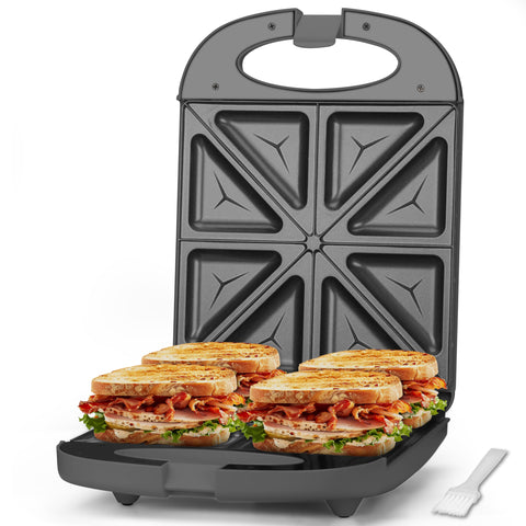 Baker's Friend 4-slice panini press shows quick toasting for consistent sandwiches
