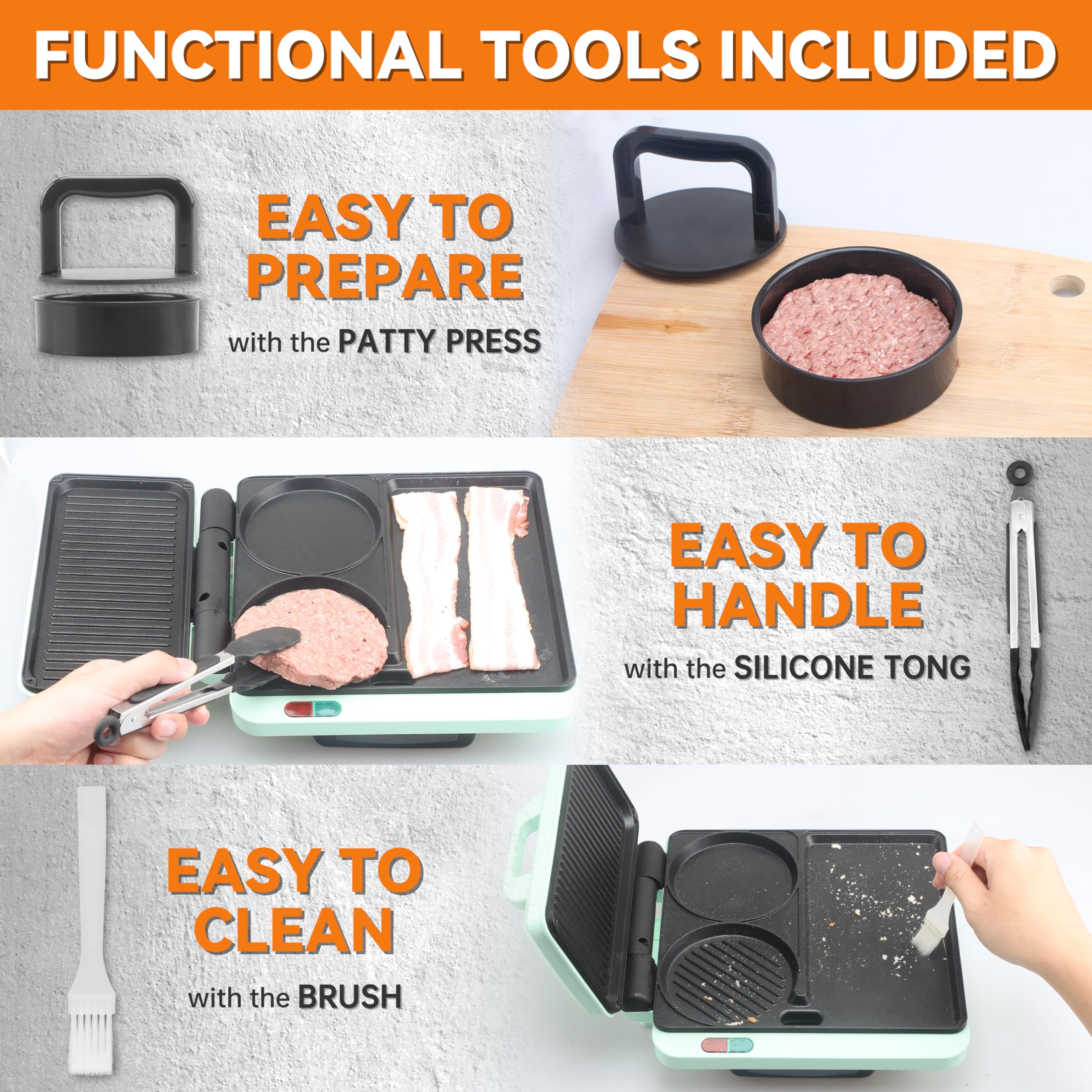 Baker's Friend burger press and silicone tong simplify shaping and flipping.
