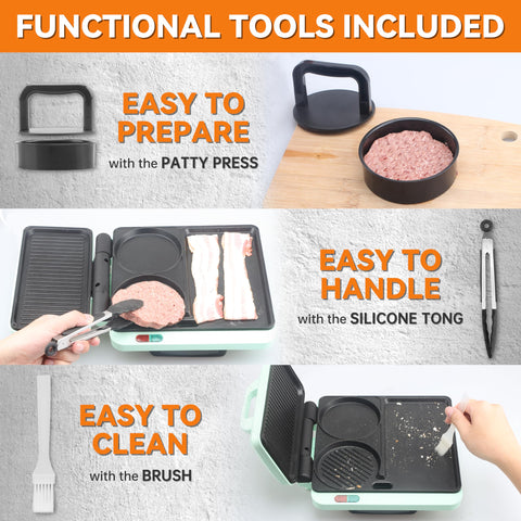 Baker's Friend burger press and silicone tong simplify shaping and flipping.