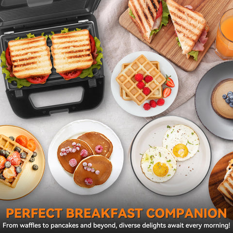 Baker's Friend dual waffle-pancake-grill plates enable versatile meals in minutes.