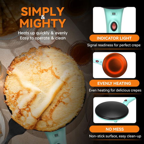 Baker's Friend Electric Crepe Maker 8-inch surface delivers uniform cooking.