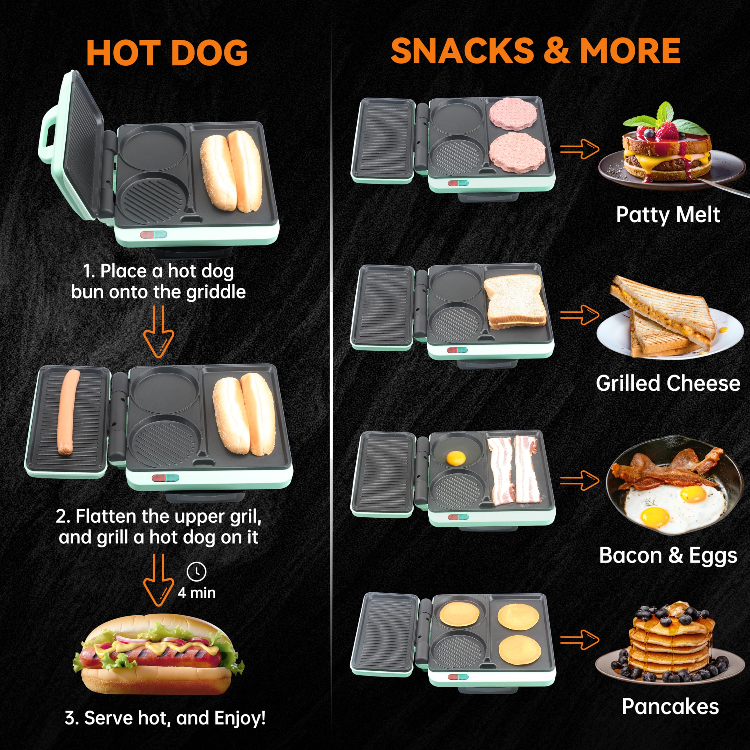 Baker's Friend rotating plate design enables flattening the top surface for parallel grilling.