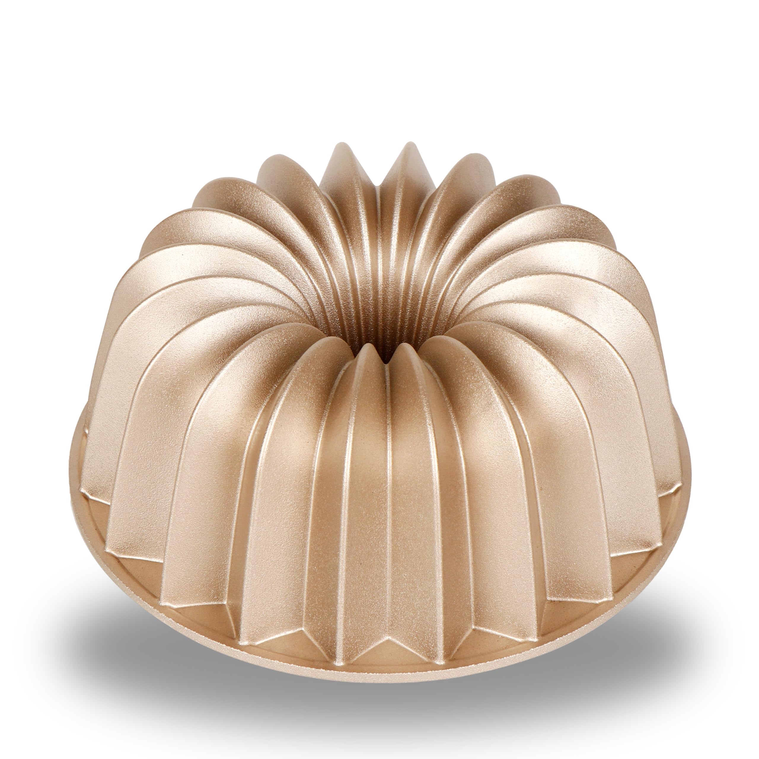 Baker's Secret fluted cake pan showing 9.7 cup capacity for large batches.