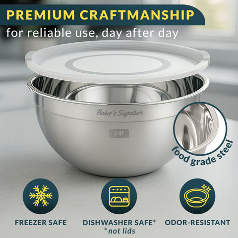 Baker's Signature bowls with lids keep ingredients fresh in the fridge.